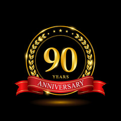 90 Years Anniversary template design, with shiny ring and red ribbon, laurel wreath isolated on black background, logo vector