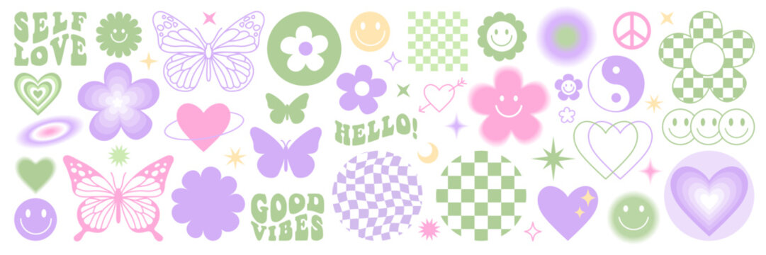 Naklejka Y2k stickers set. Funny butterfly, daisy, wave, chess, mesh, smile. Set of vector elements in trendy retro trippy 2000s style. Lilac, pink and green color. Selflove, good vibes, hello.