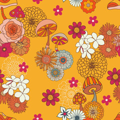 Retro Groovy Floral and Mushrooms Vector Seamless Pattern