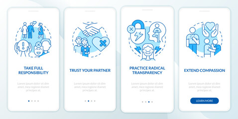 Saving broken relationship blue onboarding mobile app screen. Walkthrough 4 steps editable graphic instructions with linear concepts. UI, UX, GUI template. Myriad Pro-Bold, Regular fonts used