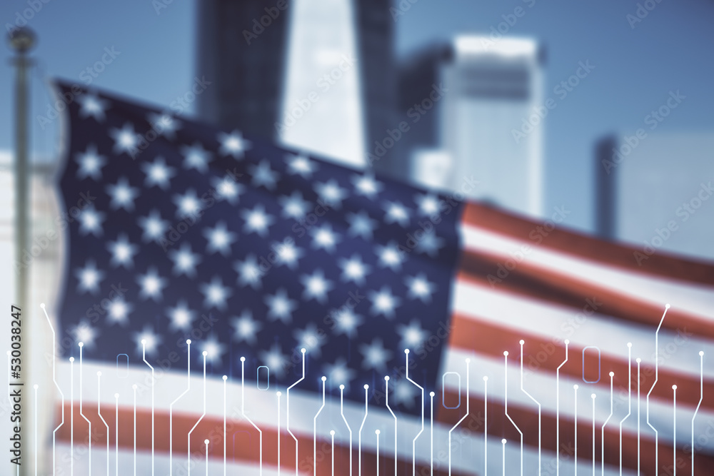 Poster abstract virtual micro chip hologram on usa flag and blurry skyscrapers background, artificial intel