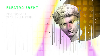 Greek statue head event banner idea with abstract geometrical background. Poster design post contemporary antiquity. - 530039072