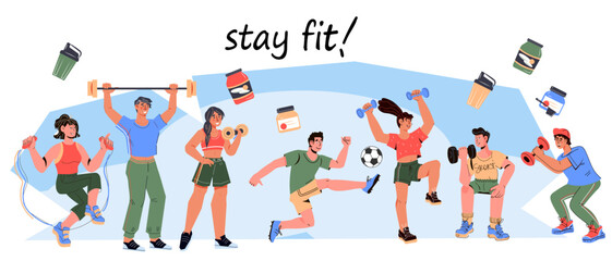 Sport active lifestyle banner concept with people doing sports, flat cartoon vector illustration isolated on white background. Banner template of stay fit and be active design.