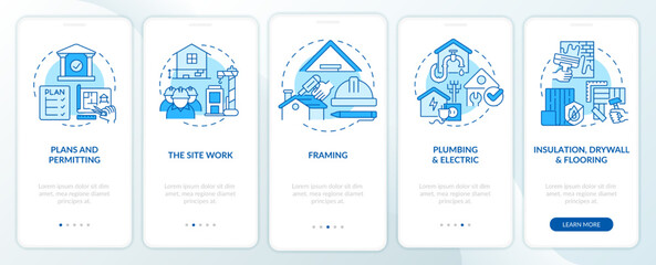 Home building phases blue onboarding mobile app screen. Construction walkthrough 5 steps editable graphic instructions with linear concepts. UI, UX, GUI template. Myriad Pro-Bold, Regular fonts used