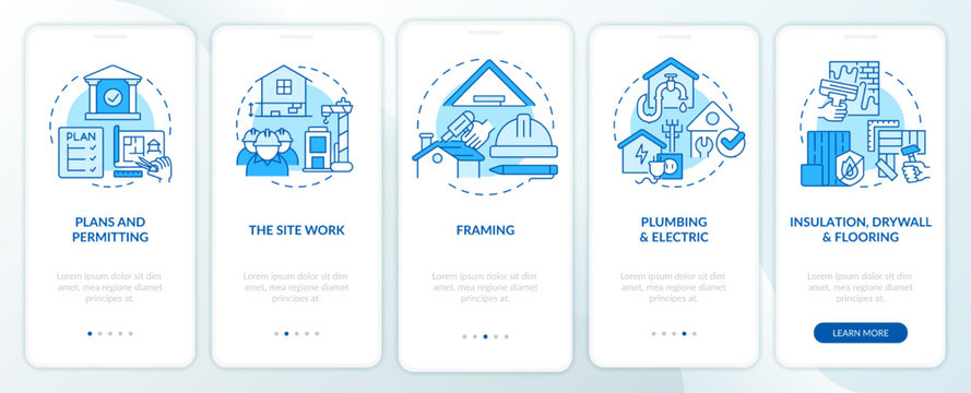 Home building phases blue onboarding mobile app screen. Construction walkthrough 5 steps editable graphic instructions with linear concepts. UI, UX, GUI template. Myriad Pro-Bold, Regular fonts used