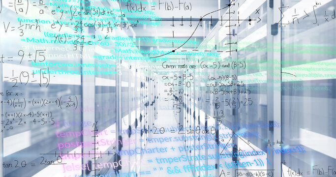 Image of mathematical equations and data processing over computer servers