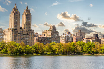 Skyline panorama with Eldorado building and reservoir with fountain in Central Park in midtown Manhattan in New York City