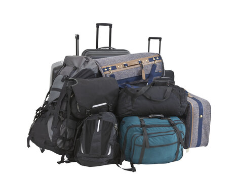 Large Pile Of Suitcases, Luggage, Travel Bags And Backpacks Isolated.