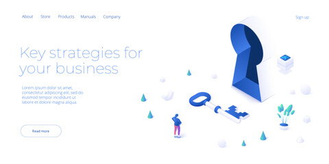 Key solution or business success metaphor in isometric vector illustration. Businesswoman looking for decision to unlock corporate challenge. Web banner layout template