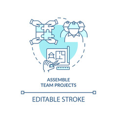 Assemble team projects turquoise concept icon. Tip for housing development abstract idea thin line illustration. Isolated outline drawing. Editable stroke. Arial, Myriad Pro-Bold fonts used