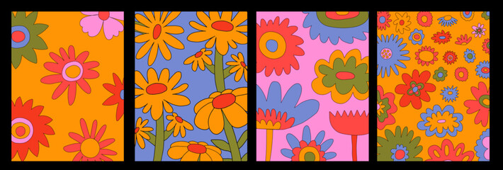 collection of vertical vector posters.Interior posters warm autumn,fallen leaves,flowers.Cozy October palette-yellow,ocher,turmeric.Cozy wallpaper.Vintage cottage core 1970 psychedelic postcard