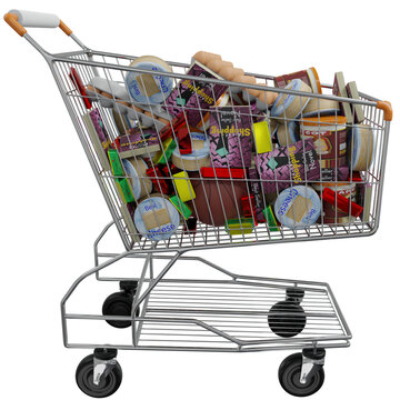 Cheese, eggs, chocolate, books, soccer balls, margarine, preserves in the shopping cart. Economy, spending money and shopping concept on Transparent png background