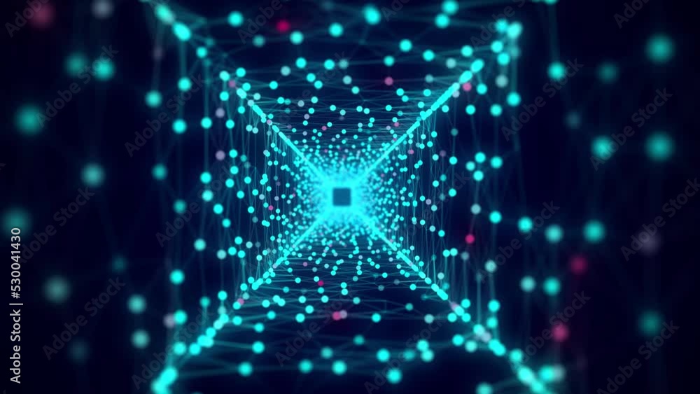 Aufkleber Abstract 3d portal. Square tunnel or wormhole. Digital background with connected blue dots and lines. 3d rendering.