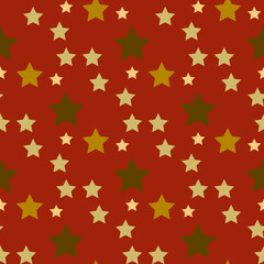 Seamless pattern in yellow and beige stars on dark red backgound. Vector image.