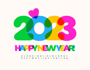 Vector funny Greeting Card Happy New Year 2023! Kids creative Font. Colorful Alphabet Letters and Numbers set