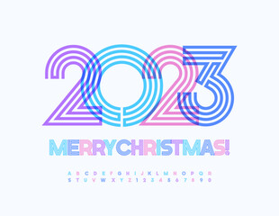 Vector modern Greeting Card 2023 Merry Christmas! Colorful Font. Trendy Bright Alphabet Letters, Numbers and Symbols