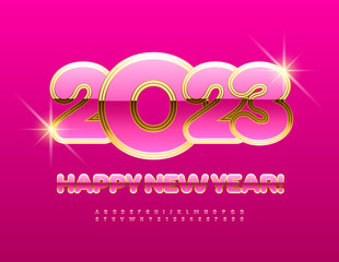 Vector stylish Greeting Card Happy New Year 2023! Chic Pink and Golden Font. Luxury Alphabet Letters and Numbers set