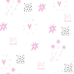 Cute white pattern with pink line crown, hearts, rays, stars seamless background for textile fabric. Minimalism paper scrapbook.