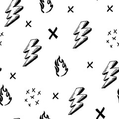 Cute black and white pattern with fire, lightning, crosses seamless background. Textiles for fabric textile, paper, kids.