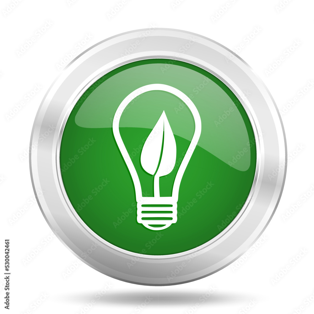 Poster renewable energy concept green web button, silver metallic vector icon isolated on white background