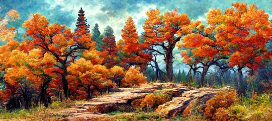 Naklejka na ściany i meble Imaginative evergreen forest turned into an autumn fall color wonderland of red, warm orange and sunny yellow colors. Tranquil woodland and peaceful outdoor nature art - oil pastel stylized.