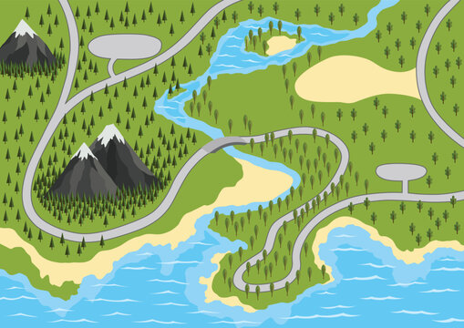 Suburban Map With Trees, Road, River And Mountain. Village With Water, Aerial View. GPS, City Navigation With Roads. Vector Illustration In Flat Style