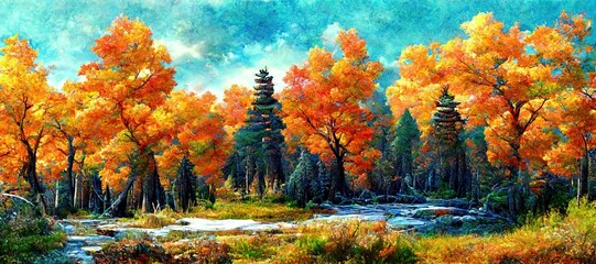 Fototapeta na wymiar Imaginative evergreen forest turned into an autumn fall color wonderland of red, warm orange and sunny yellow colors. Tranquil woodland and peaceful outdoor nature art - oil pastel stylized.