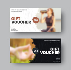EPS vector gift voucher, $25 discount certificate, set on a white, black background with a photo in a circle. - obrazy, fototapety, plakaty