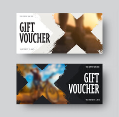 EPS vector gift voucher, with a creative design, a cross in the form of a brush stroke, company info, valid from. - obrazy, fototapety, plakaty