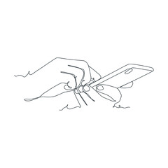 continuous line drawing of person holding smartphone, hand holding smartphone