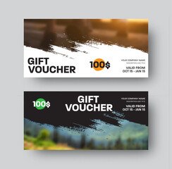 EPS vector gift voucher, $100 discount on white, black background, top with company info, valid from, bottom with blurred photo.
