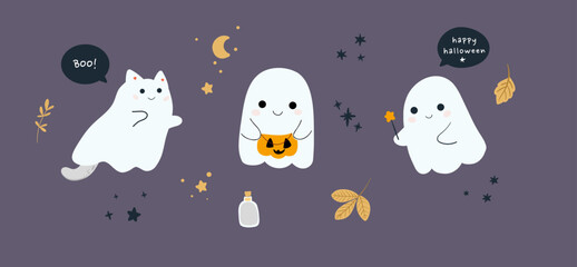 Kids Halloween cute animals in party costumes trick or treating, ghosts, pumpkin, candy, fun cards collection. Hand drawn vector illustration. Scandinavian style flat design. Concept for card, invite.