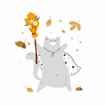 Halloween greeting card with a cute cat and a broom in a raincoat.