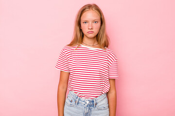 Caucasian teen girl isolated on pink background sad, serious face, feeling miserable and displeased.