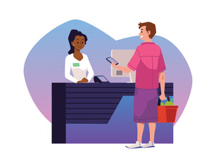 Man paying in store with QR code online payment app, flat vector isolated.