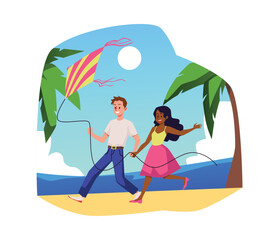 Happy international couple flying kite together on the beach, flat vector illustration isolated on white background.