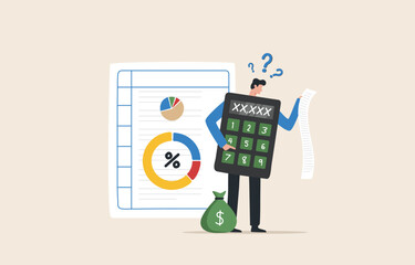 Accounting and finance expert. Revenue budget. An accounting profit is calculated by taking expenses away from income. Business people accountants with calculator.