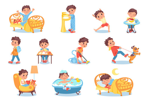 Cartoon boy character daily routine. Everyday activities. From morning to evening. Little child awakening and eating lunch. Teen reading book. Hygiene and studying. Splendid vector set