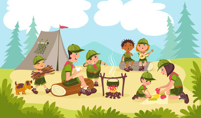 Obraz na płótnie Canvas Mentors and little scouts. Tourists learn put up tent and make fire. Life in nature skills. Kids expedition. Teacher teaches children to cook on campfire. Splendid vector illustration