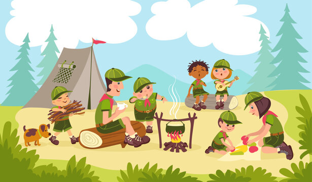 Mentors and little scouts. Tourists learn put up tent and make fire. Life in nature skills. Kids expedition. Teacher teaches children to cook on campfire. Splendid vector illustration