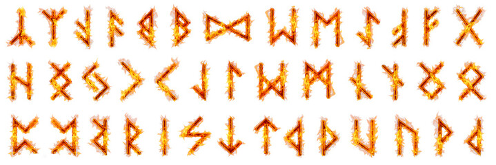 Fiery Viking Runes on transparent background, burning celtic elder Futhark letters