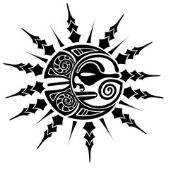 Sun and moon maori style tattoo sketch. Round tribal ornament.. Vector illustration - obrazy, fototapety, plakaty