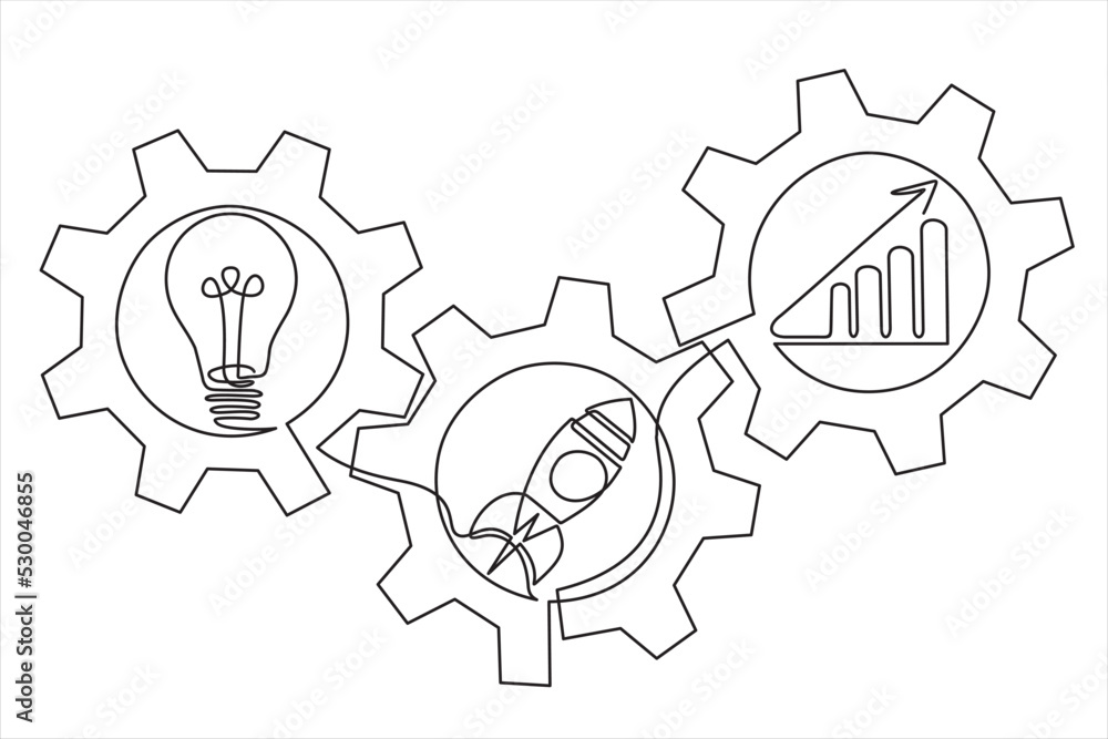 Aufkleber continuous line drawing of lights bulb, rocket launch, ship and graph going up inside gears. continu