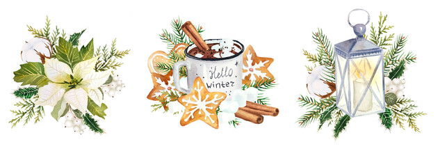 Watercolor set of white christmas compositions for postcard. Poinsettia, spruce, gingerbread and other christmas elements