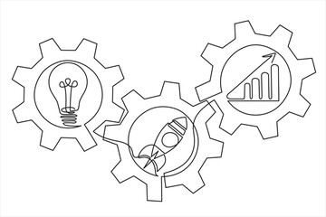 Continuous line drawing of lights bulb, rocket launch, ship and graph going up inside gears. Continuous line drawing. Startup business. Vector illustration. Isolated on white background. 