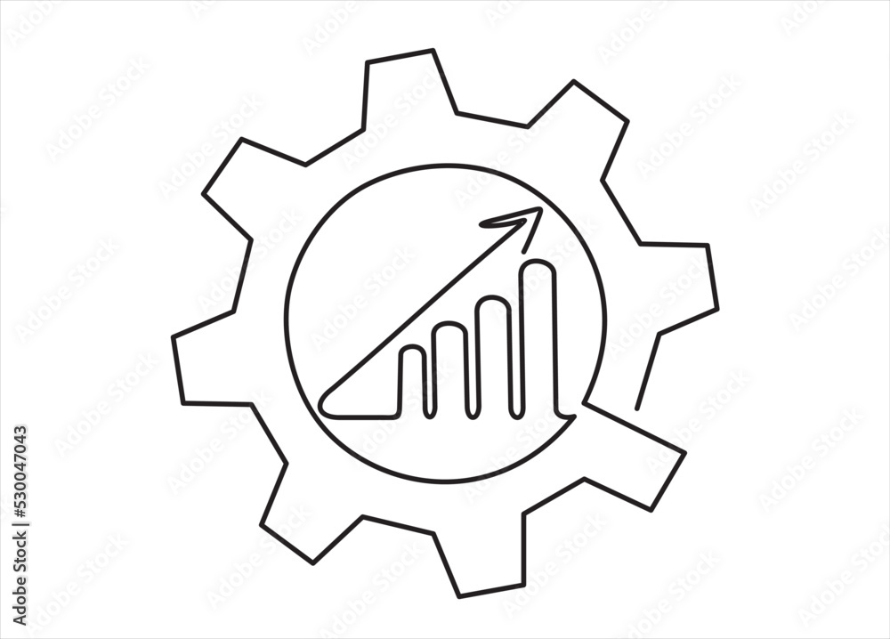 Poster continuous one single line drawing productivity bar chart inside gear. vector illustration concept. 