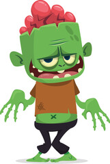 Cartoon funny green zombie with pink brains outside of the head. Halloween vector illustration isolated