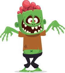 Cartoon funny green zombie with pink brains outside of the head. Halloween vector illustration isolated
