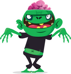 Fototapeta na wymiar Cartoon funny green zombie with pink brains outside of the head. Halloween vector illustration isolated