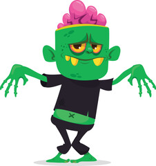 Cartoon funny green zombie with pink brains outside of the head. Halloween vector illustration isolated